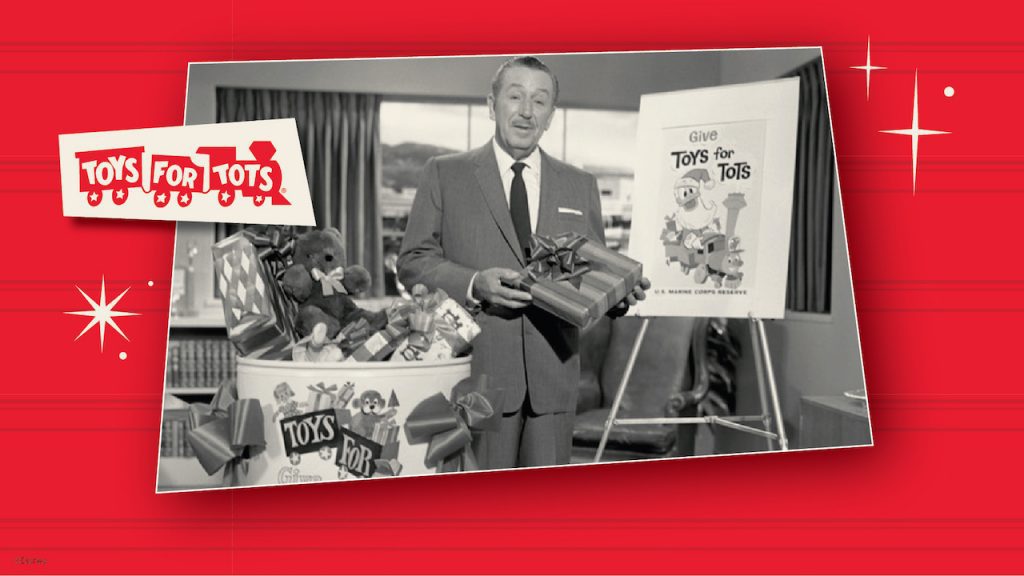Graphic of Walt Disney with Toys for Tots gifts